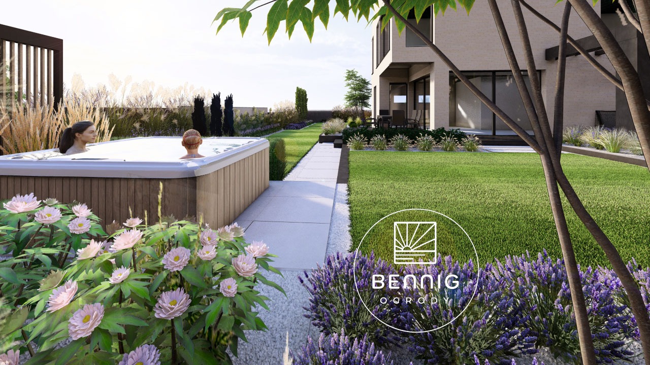 Nowoczesny ogród z jacuzzi, kwitnącą lawendą i ścieżką z białego kamienia. Dwie osoby relaksują się w jacuzzi na tle domu z dużymi oknami.
