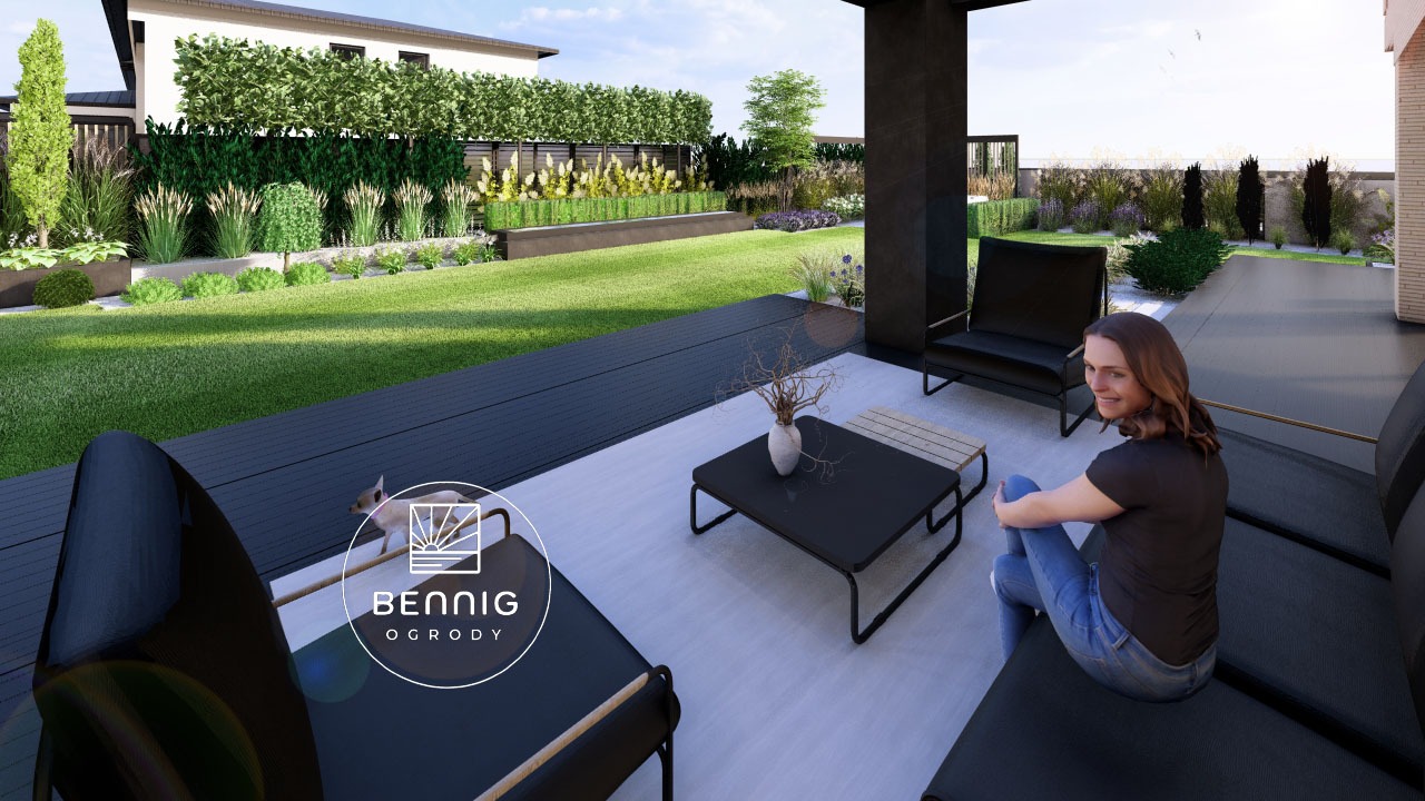 Wizualizacja ogrodu z nowoczesnym tarasem, minimalistycznymi meblami i zadbaną zielenią. Kobieta siedzi na sofie, a w tle widać starannie zaprojektowane rabaty i trawnik.