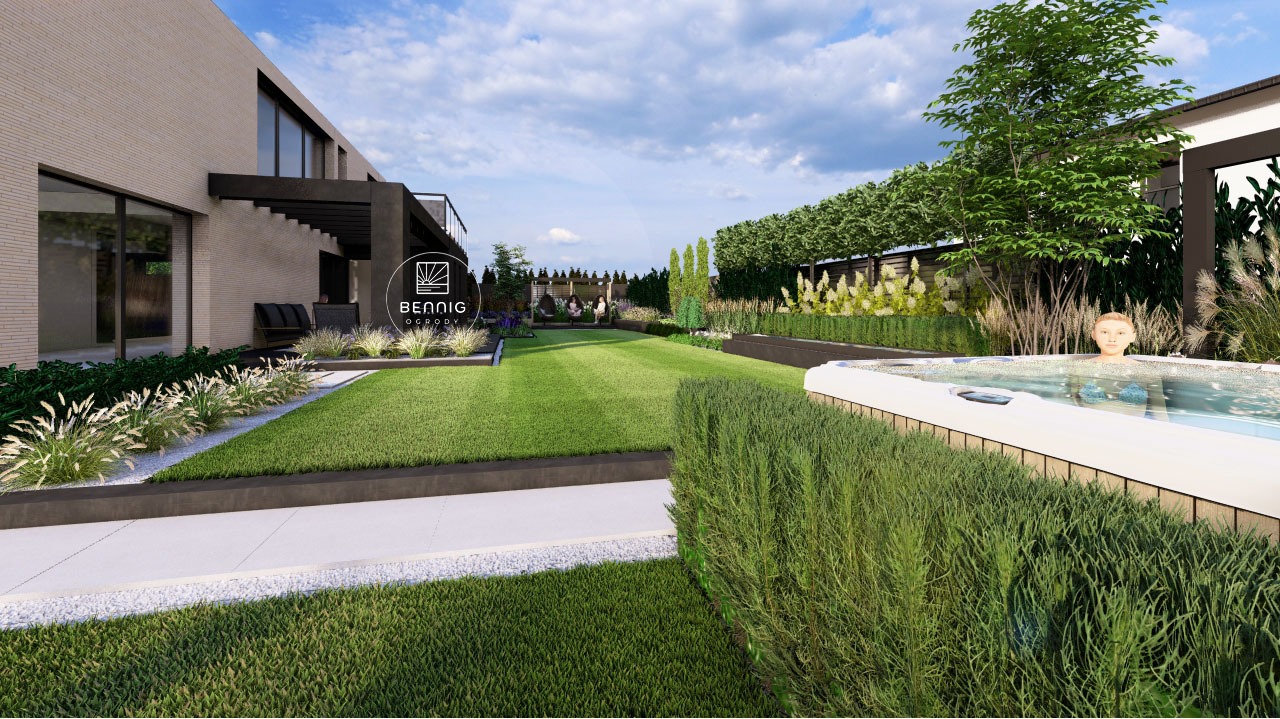 Nowoczesny ogród z równo przystrzyżonym trawnikiem, jacuzzi i minimalistyczną architekturą domu w tle. Widoczne ozdobne trawy i starannie dobrane rośliny.
