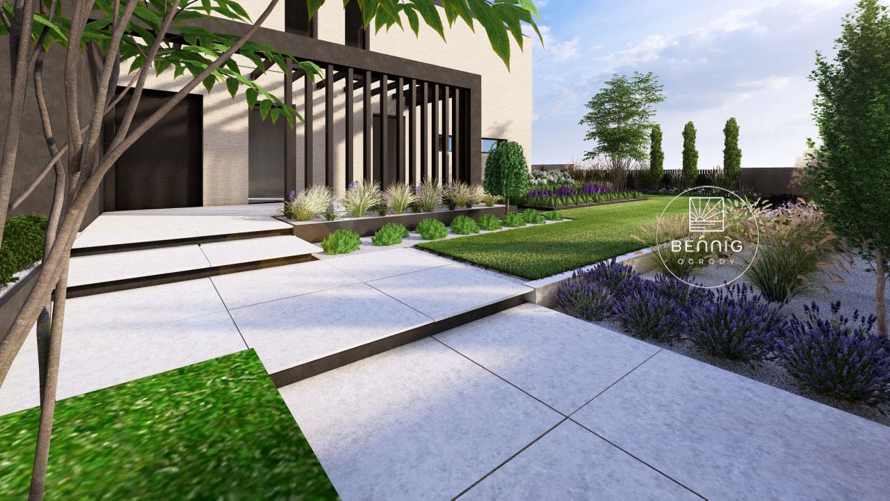Nowoczesny ogród z geometrycznymi ścieżkami, rabatami z lawendy i traw ozdobnych, oraz minimalistyczną architekturą domu w tle. Widoczny trawnik i logo firmy.