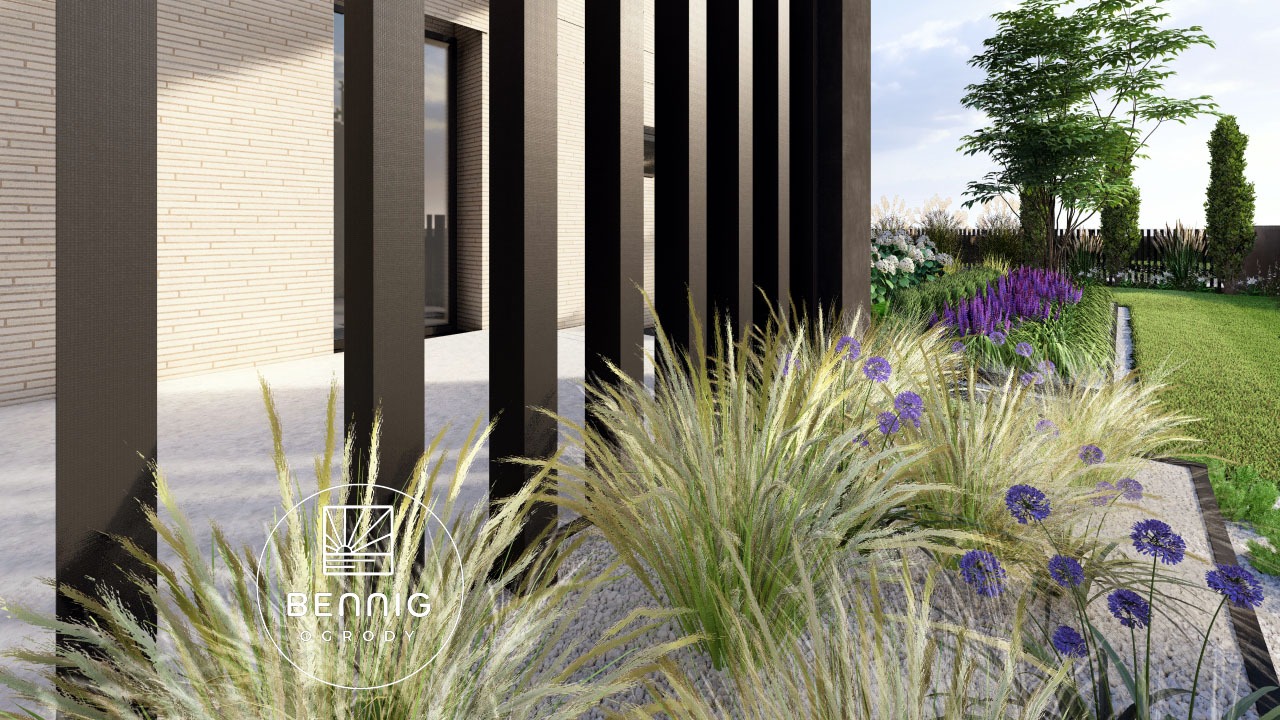 Nowoczesny ogród w Międzychodzie: minimalistyczna architektura, ozdobne trawy i fioletowe kwiaty. Elementy z czarnych, pionowych listew.
