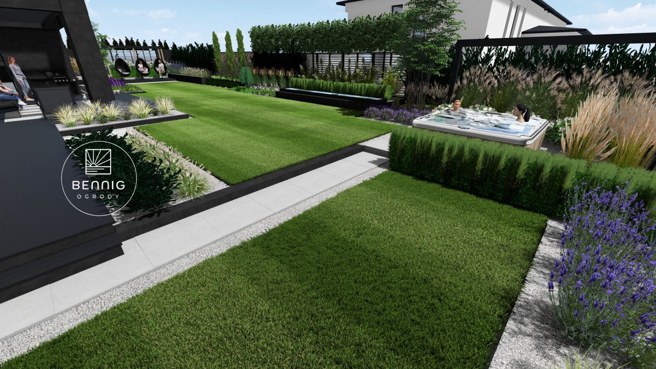 Wizualizacja ogrodu z równo przystrzyżonym trawnikiem, jacuzzi z osobami, nowoczesną pergolą i minimalistycznym oświetleniem. Projekt z logo firmy ogrodniczej.