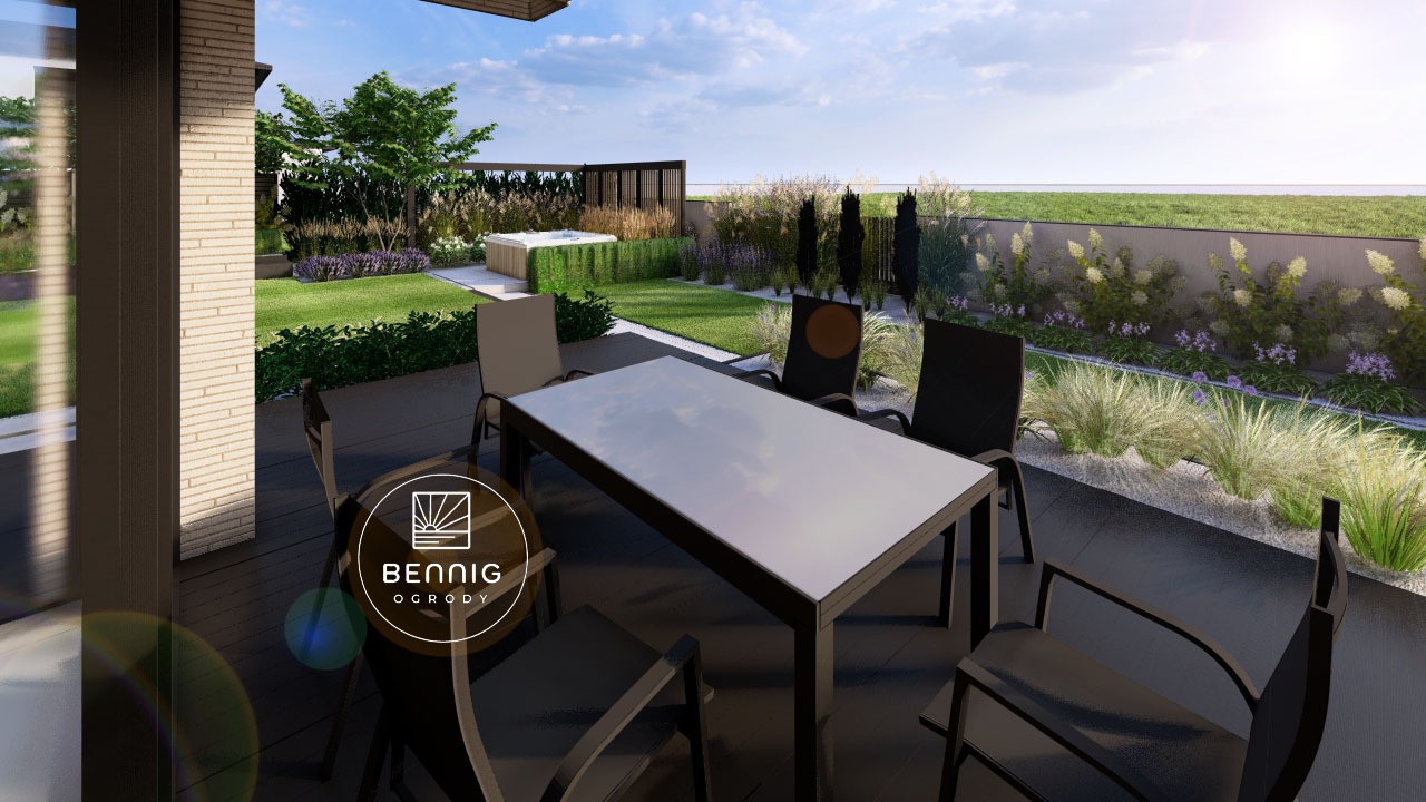 Wizualizacja tarasu z jadalnią na tle zadbanego ogrodu z jacuzzi, ozdobnymi trawami i kwitnącymi krzewami. Nowoczesny design z dbałością o detale.