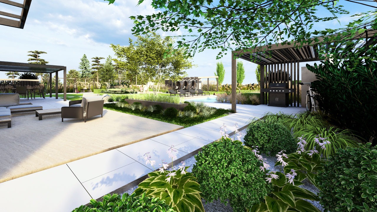 Wizualizacja ogrodu z pergolą, grillem, basenem i meblami ogrodowymi. Bujna roślinność, trawnik i nowoczesny design tworzą relaksującą przestrzeń.