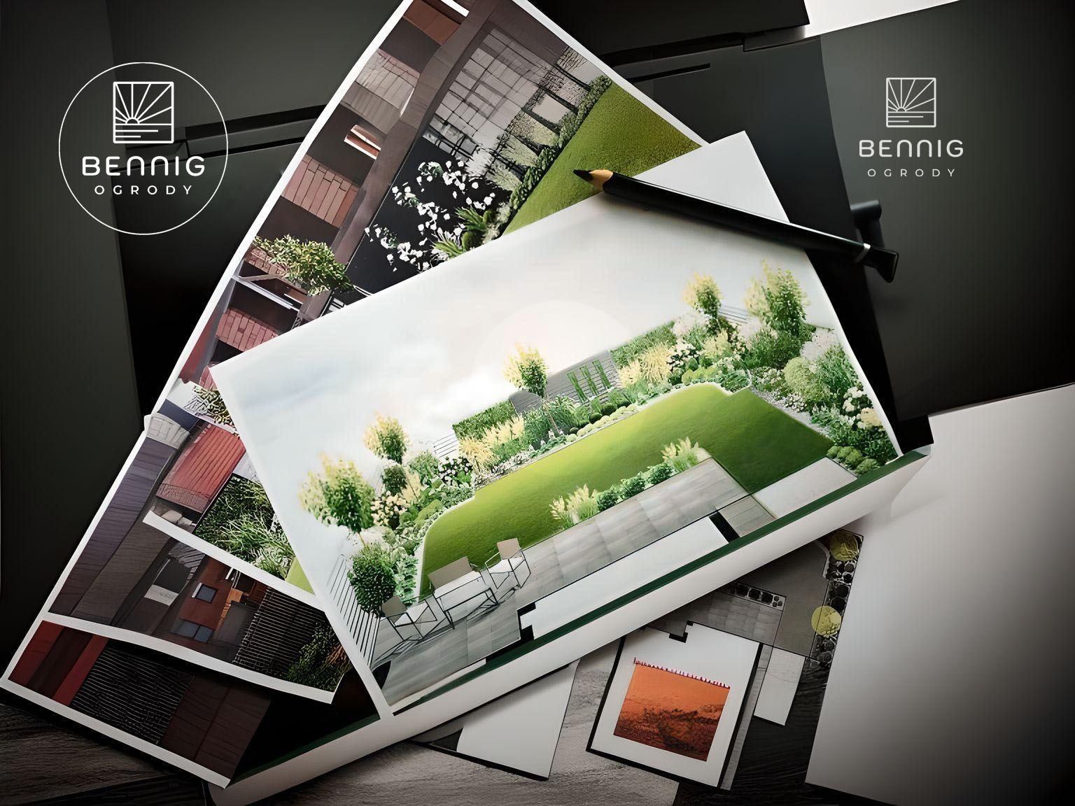 Kreatywna prezentacja portfolio ogrodniczego: wydruki projektów ogrodów ułożone warstwowo, z ołówkiem na wierzchu, ukazujące różnorodność stylów i detali.