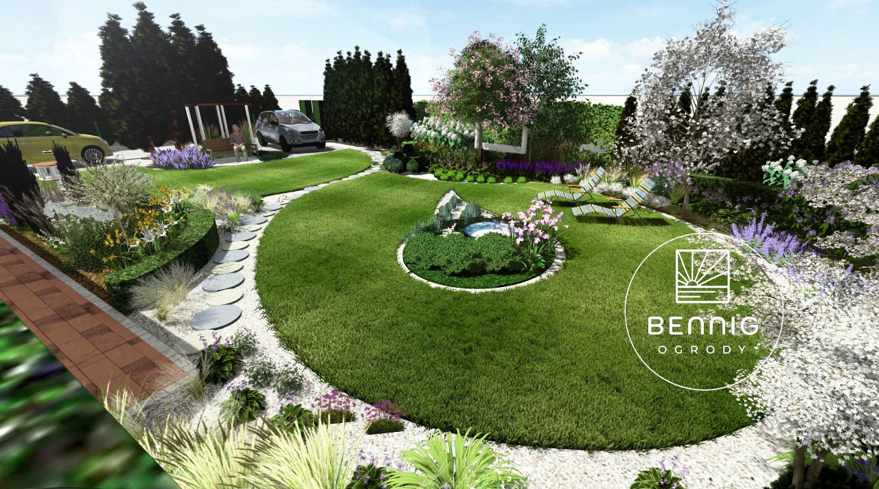 Wizualizacja ogrodu z okrągłym trawnikiem, ścieżką z kamieni, rabatami kwiatowymi, drzewami i elementami małej architektury. Widoczny staw i logo firmy ogrodniczej.