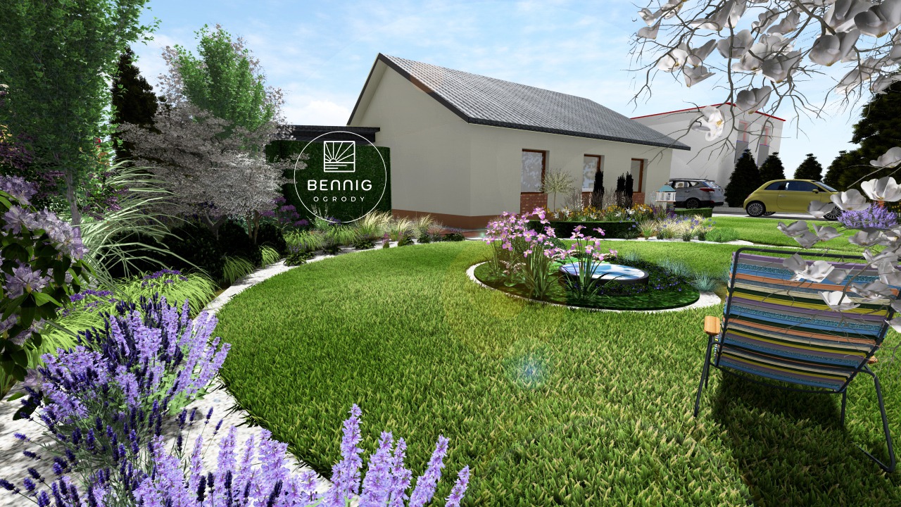 Wizualizacja ogrodu z domem jednorodzinnym, okrągłym trawnikiem, oczkiem wodnym i kwitnącymi lawendami. W tle zaparkowane samochody i logo firmy ogrodniczej.