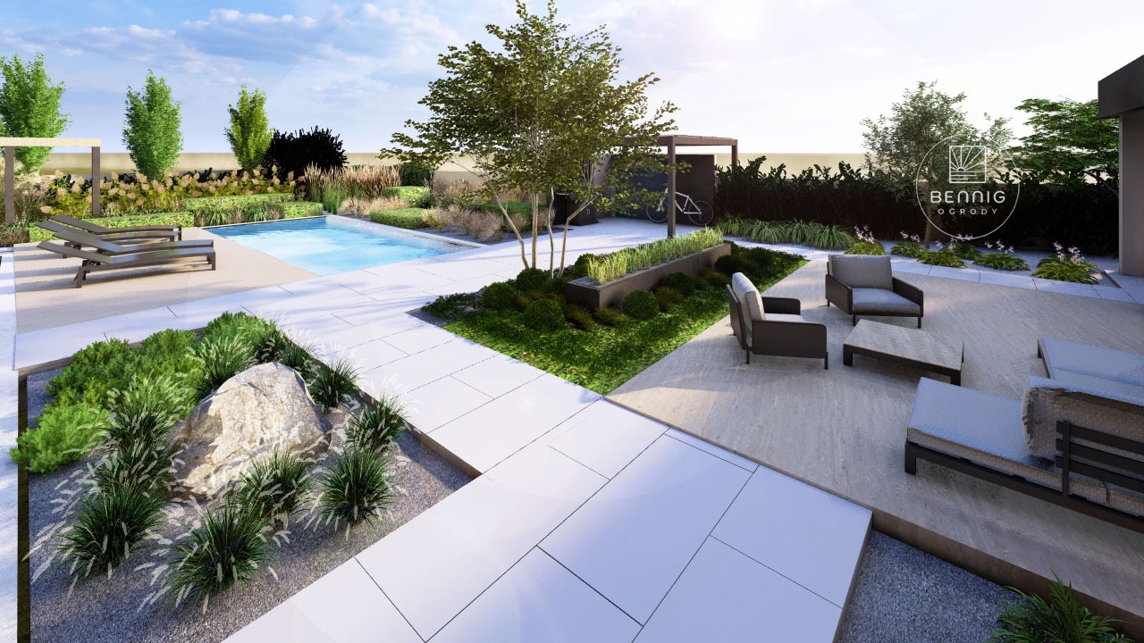 Nowoczesny ogród z basenem i strefą relaksu, minimalistyczny design, geometryczne kształty, roślinność ozdobna, jasne płytki, logo firmy w tle.