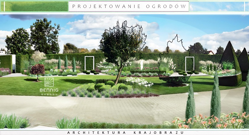 Wizualizacja ogrodu z równo przystrzyżonym żywopłotem, drzewami i krzewami. Projekt ogrodu z elementami architektury krajobrazu i logo firmy w lewym dolnym rogu.