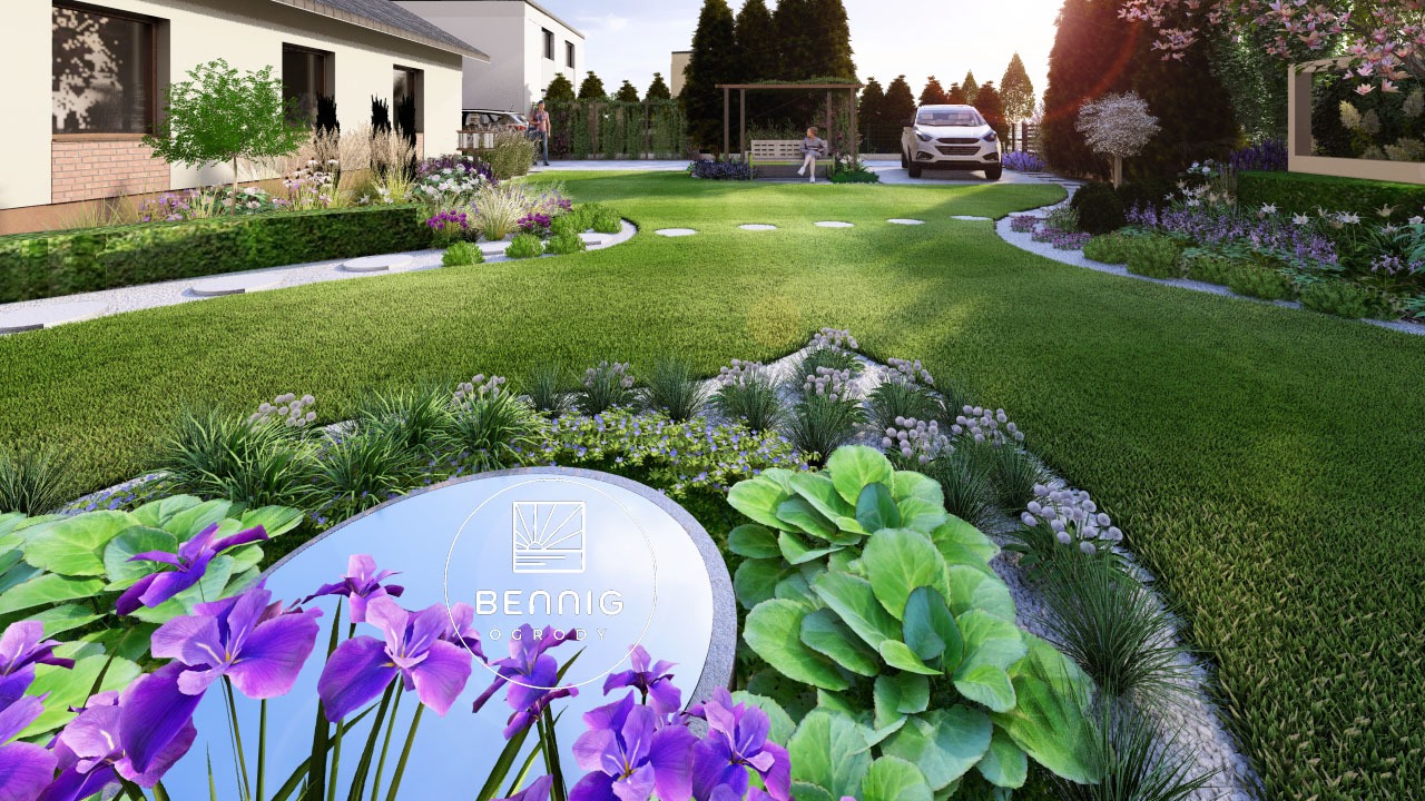 Wizualizacja ogrodu z równo przystrzyżonym trawnikiem, rabatami kwiatowymi, pergolą i ścieżką z płyt. W tle dom i zaparkowany samochód. Na pierwszym planie logo firmy.