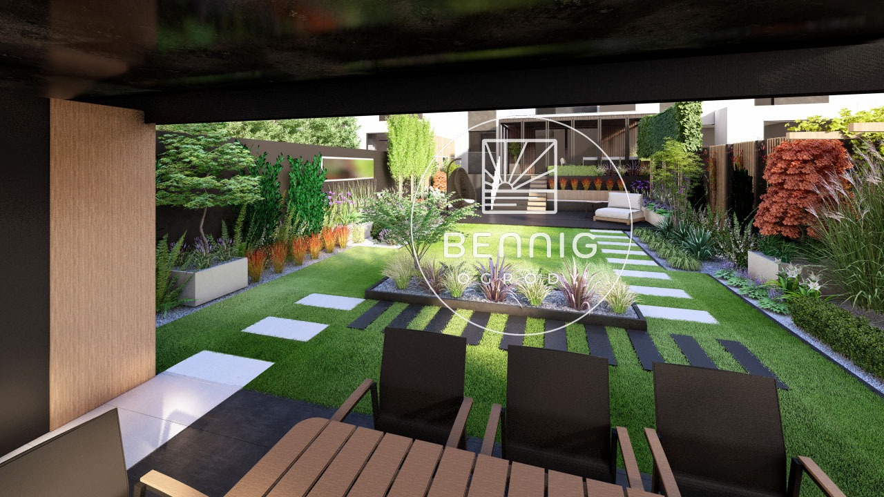 Wizualizacja ogrodu z nowoczesnym tarasem, ścieżką z płyt i bujną roślinnością. Widok z zadaszonego patio na starannie zaprojektowaną przestrzeń.