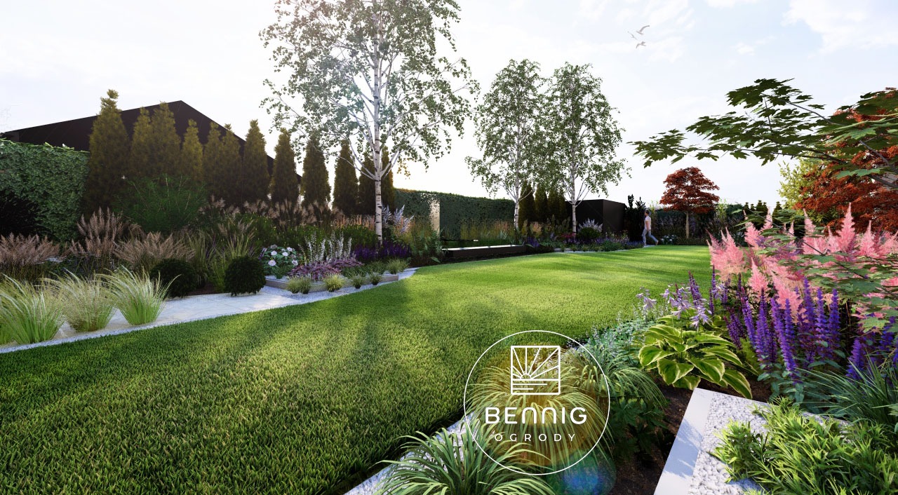 Projekt ogrodu z trawnikiem, rabatami kwiatowymi i drzewami. W tle widoczny budynek. Na pierwszym planie logo firmy. Całość w jasnej, słonecznej tonacji.