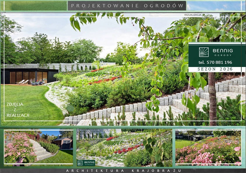 Kaskadowy ogród z kamiennymi schodami i bujną roślinnością, wizualizacja projektu z logo firmy Bennig Ogrody i napisem 'Zdjęcia z realizacji'.