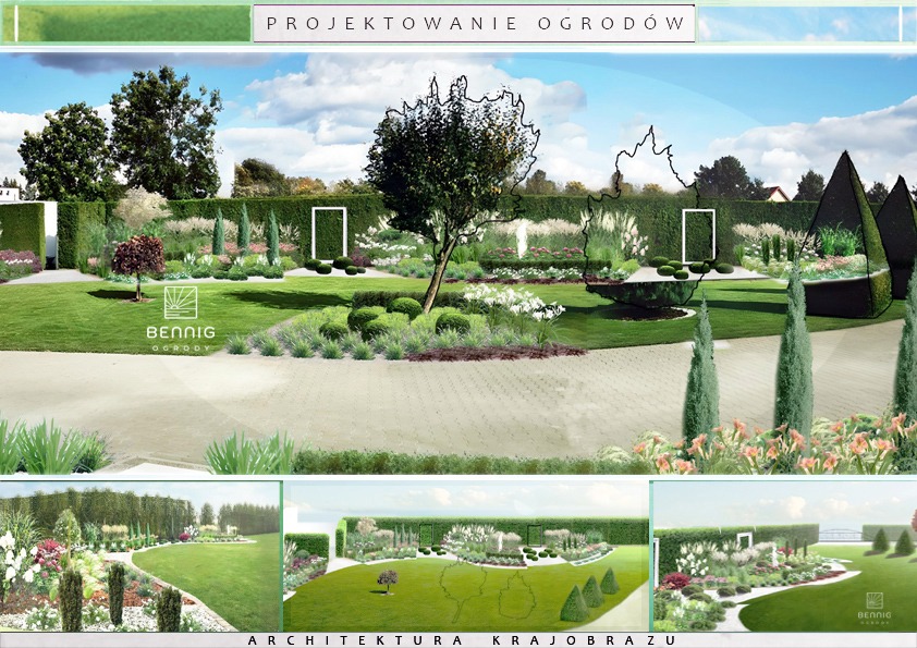 Wizualizacja ogrodu z trawnikiem, krzewami i drzewami, z elementami szkicu koncepcyjnego. U góry napis 'Projektowanie ogrodów', na dole 'Architektura krajobrazu'.