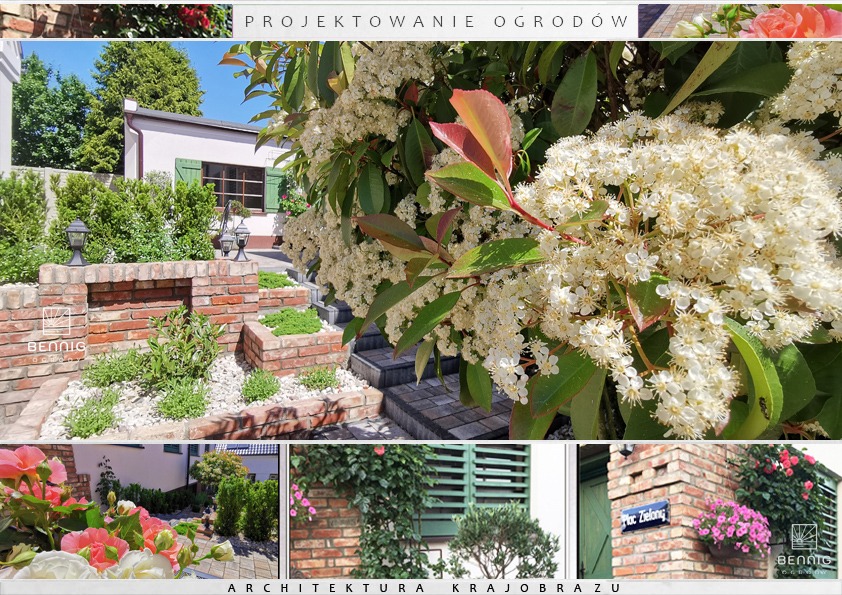 Ogród z ceglanymi elementami, białymi kwiatami i zielonymi krzewami. Widoczne schody z kostki brukowej i budynek z zielonymi okiennicami. Kompozycja zróżnicowanej roślinności.