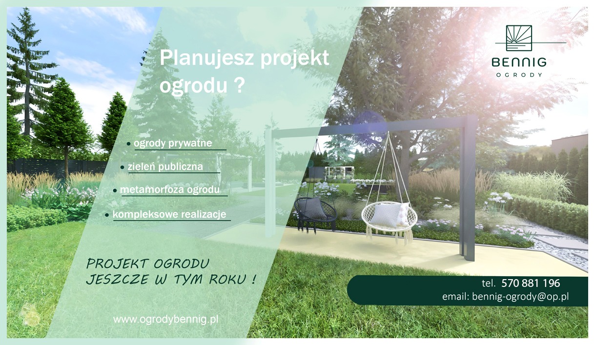 Wizualizacja ogrodu z huśtawką, nowoczesnym designem i zielenią. Reklama firmy ogrodniczej z hasłem 'Planujesz projekt ogrodu?'.