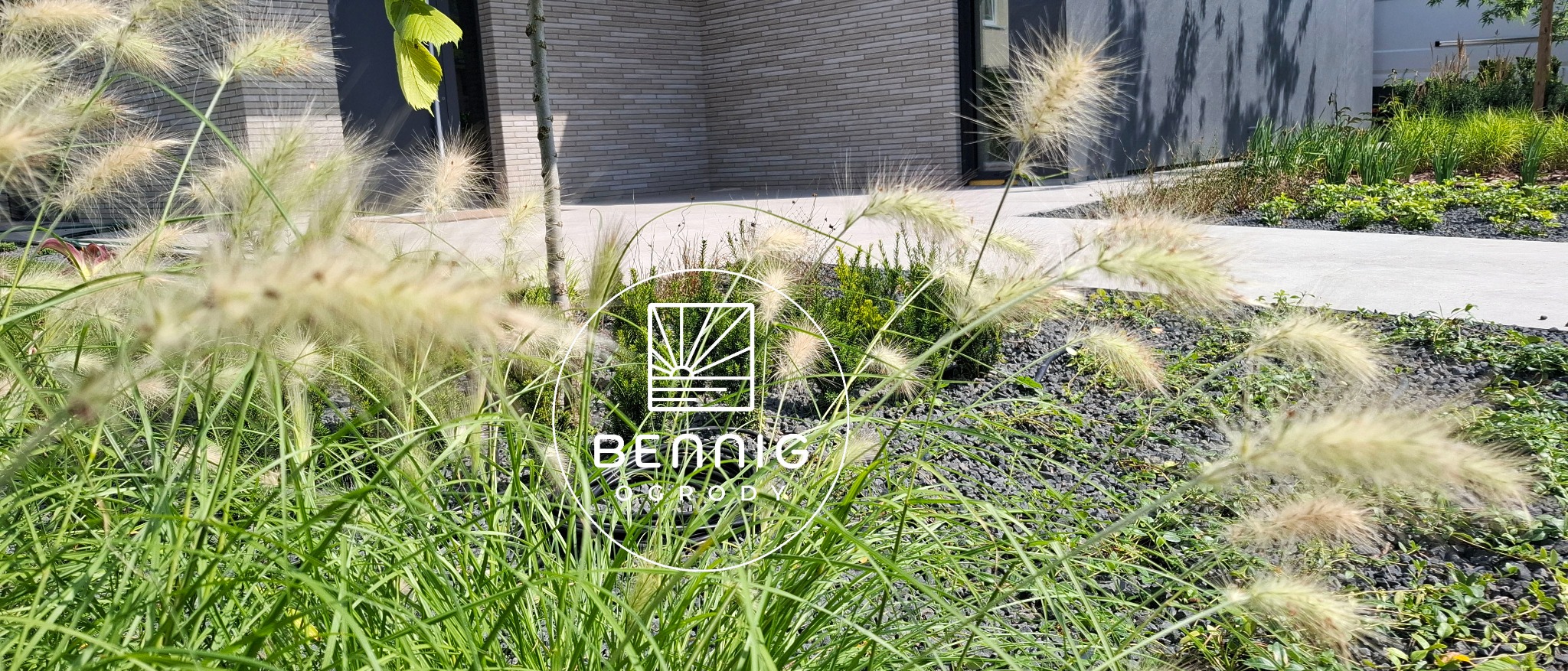 Nowoczesny ogród z ozdobnymi trawami i ścieżką z jasnego betonu, czarne kamyki, logo firmy ogrodniczej wkomponowane w kadr.
