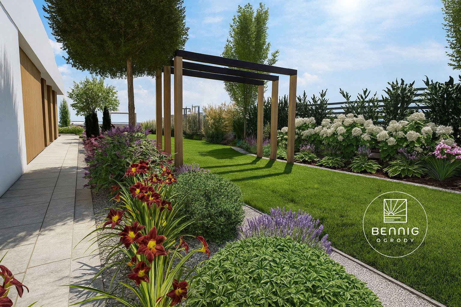 Kaskadowy ogród z pergolą, rabatami kwiatowymi i trawnikiem. Widoczne różnorodne rośliny, od liliowców po hortensje, oraz ścieżka z jasnych płyt. Projekt ogrodu.