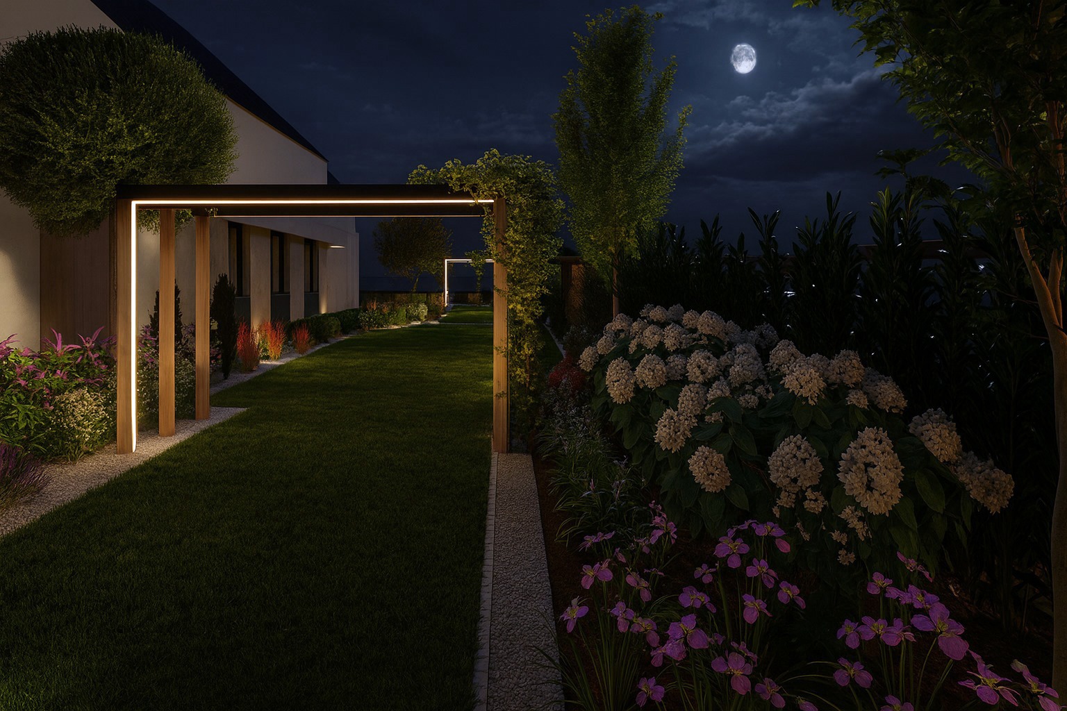 Oświetlony ogród nocą z pergolą i kwitnącymi hortensjami. Widoczny księżyc w tle. Nowoczesne oświetlenie podkreśla architekturę ogrodu i roślinność.