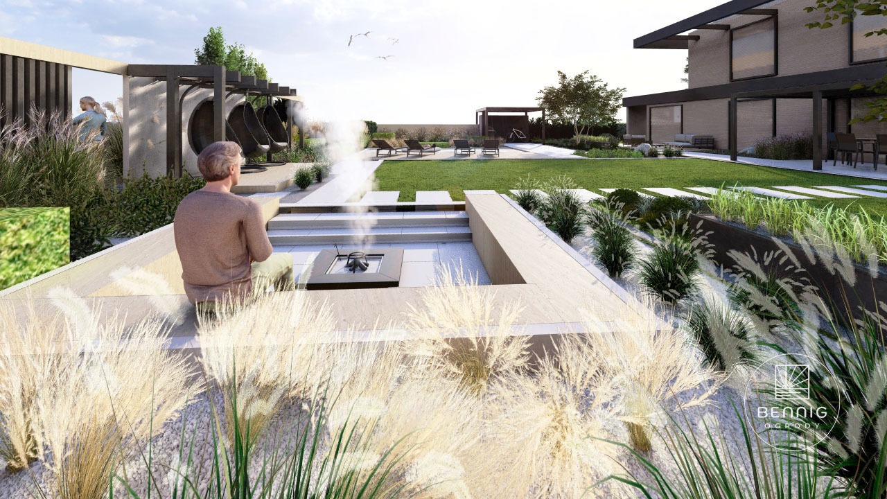 Wizualizacja ogrodu z paleniskiem, ozdobnymi trawami i nowoczesną architekturą. Osoba siedząca tyłem, w tle pergola z huśtawkami i leżaki.