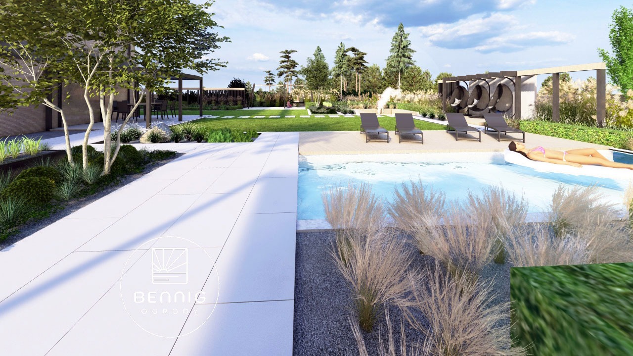 Wizualizacja ogrodu z basenem, leżakami i pergolą. Nowoczesny design z trawami ozdobnymi i geometrycznym układem trawnika. Osoba relaksuje się na wodzie.