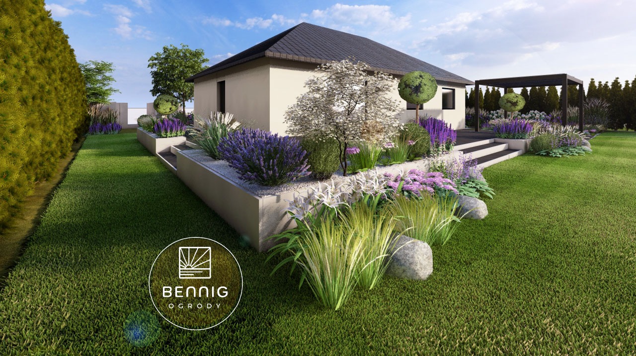 Wizualizacja ogrodu z nowoczesnym domem, rabatami kwiatowymi, trawnikiem i pergolą. Ujęcie z perspektywy trawnika, z logo firmy w lewym dolnym rogu.