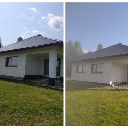 Jaśkowski - Dom jednorodzinny przed i po. Po lewej budynek w trakcie ocieplania, po prawej budynek po malowaniu elewacji na biało. Widoczne okna z brązowymi ramami i ciemny dach.