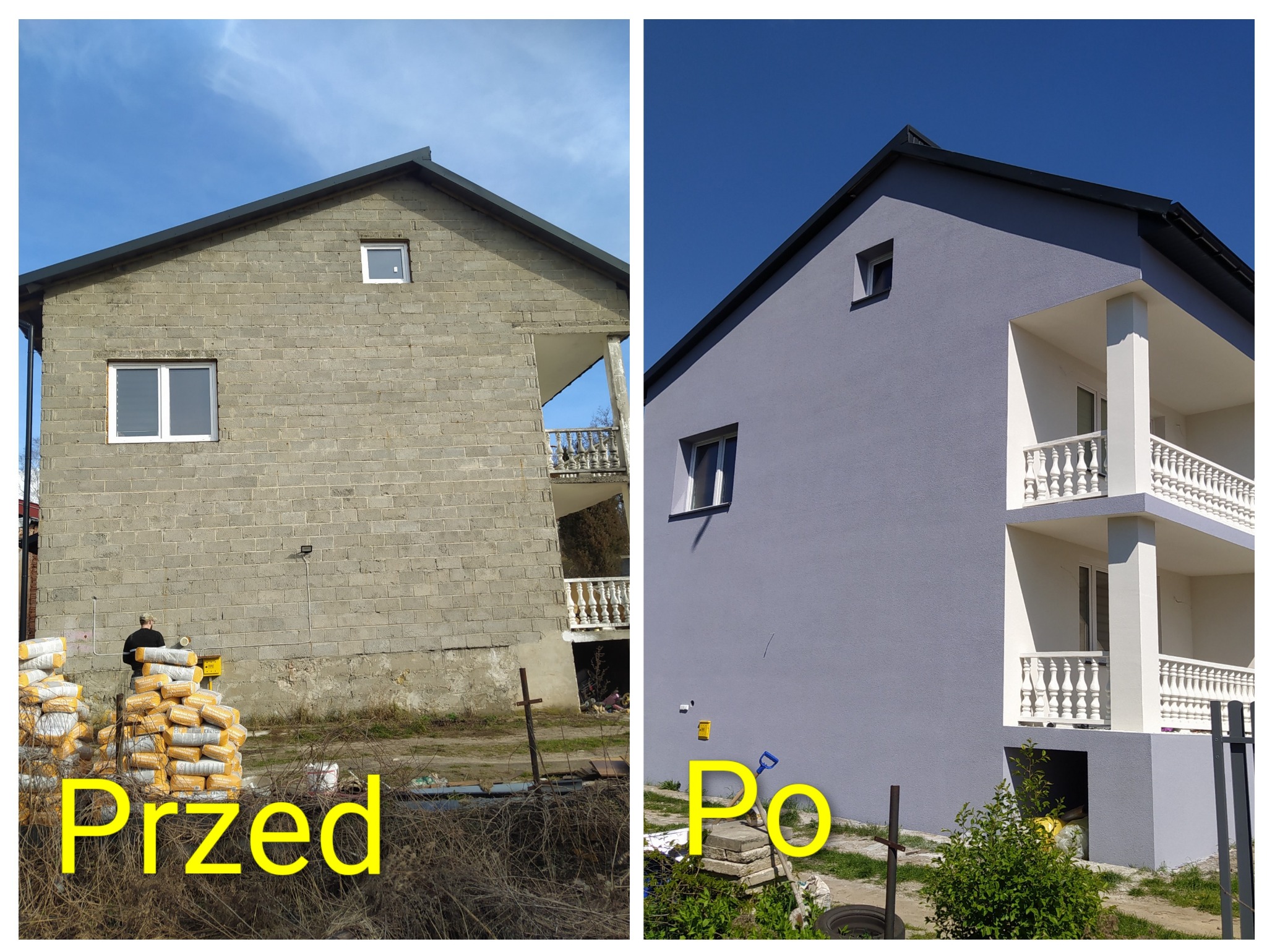 Dom przed i po remoncie elewacji. Po lewej surowe ściany, po prawej budynek z nową, szarą elewacją i białymi balkonami. Widoczne zmiany w wyglądzie budynku.