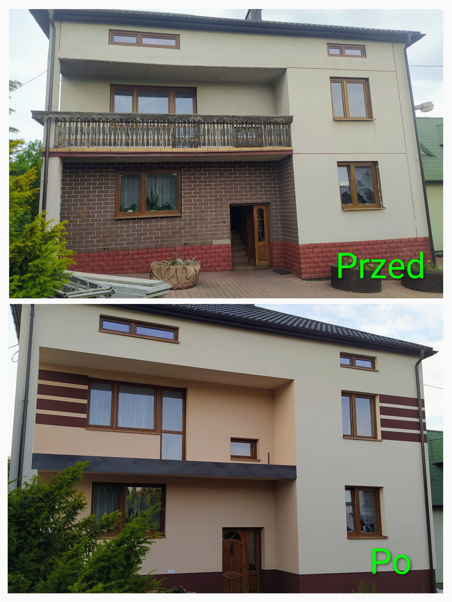 Dom dwukondygnacyjny przed i po renowacji elewacji. Część 'przed' z balkonem i ceglaną elewacją, część 'po' z nowoczesnym wykończeniem i nową kolorystyką.