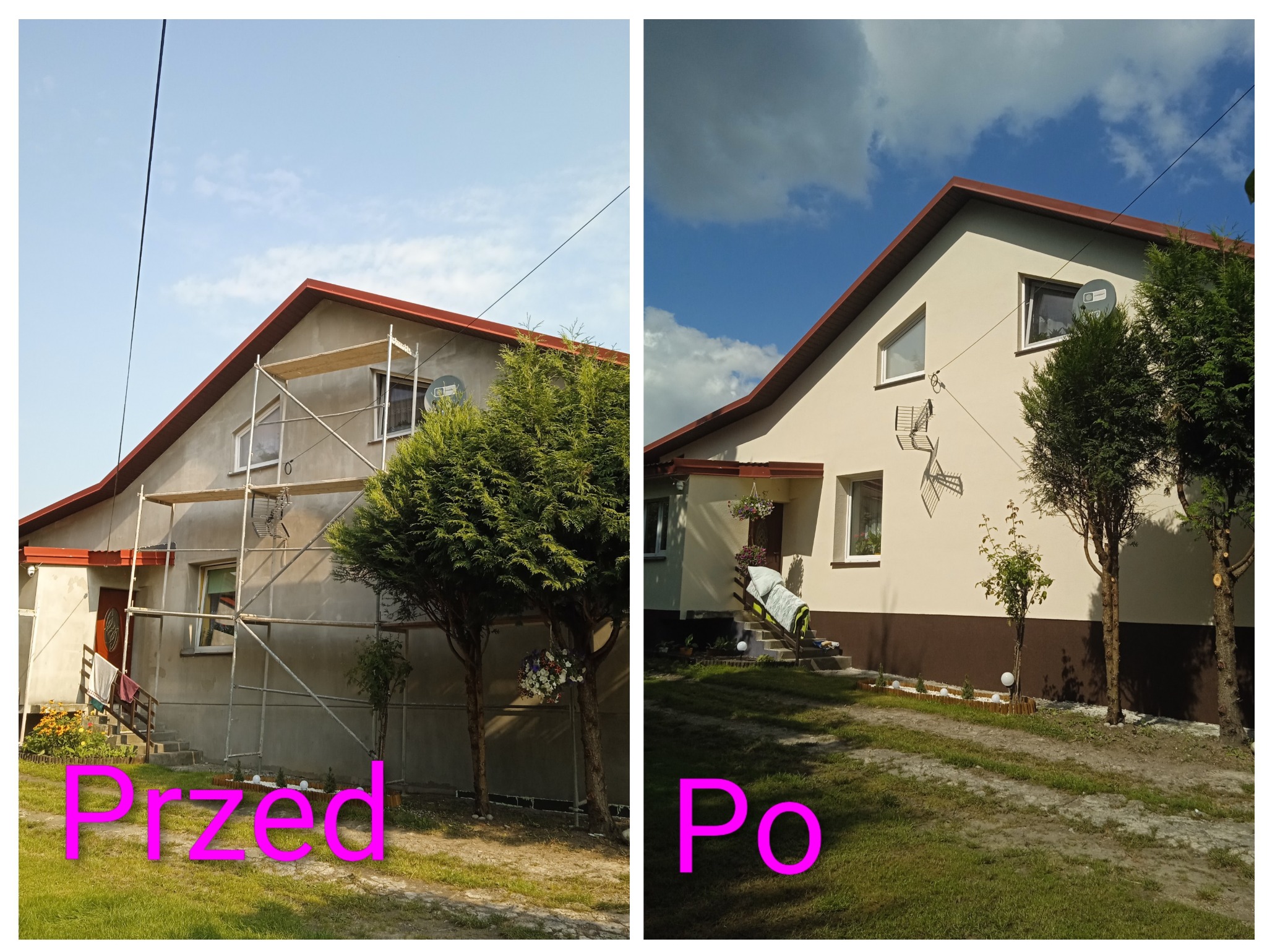 Dom jednorodzinny przed i po renowacji elewacji. Po lewej budynek ze szkieletem rusztowania, po prawej odnowiony, z nową elewacją w odcieniach beżu i brązu.