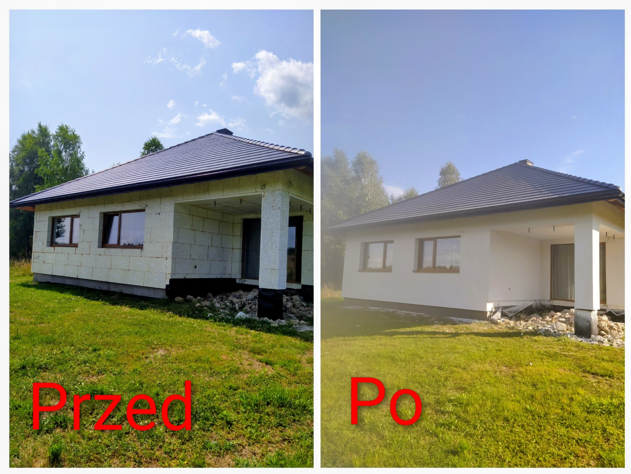 Dom jednorodzinny przed i po. Po lewej budynek w trakcie budowy, po prawej otynkowany i pomalowany na biało. Widoczne fragmenty trawnika i nieba.