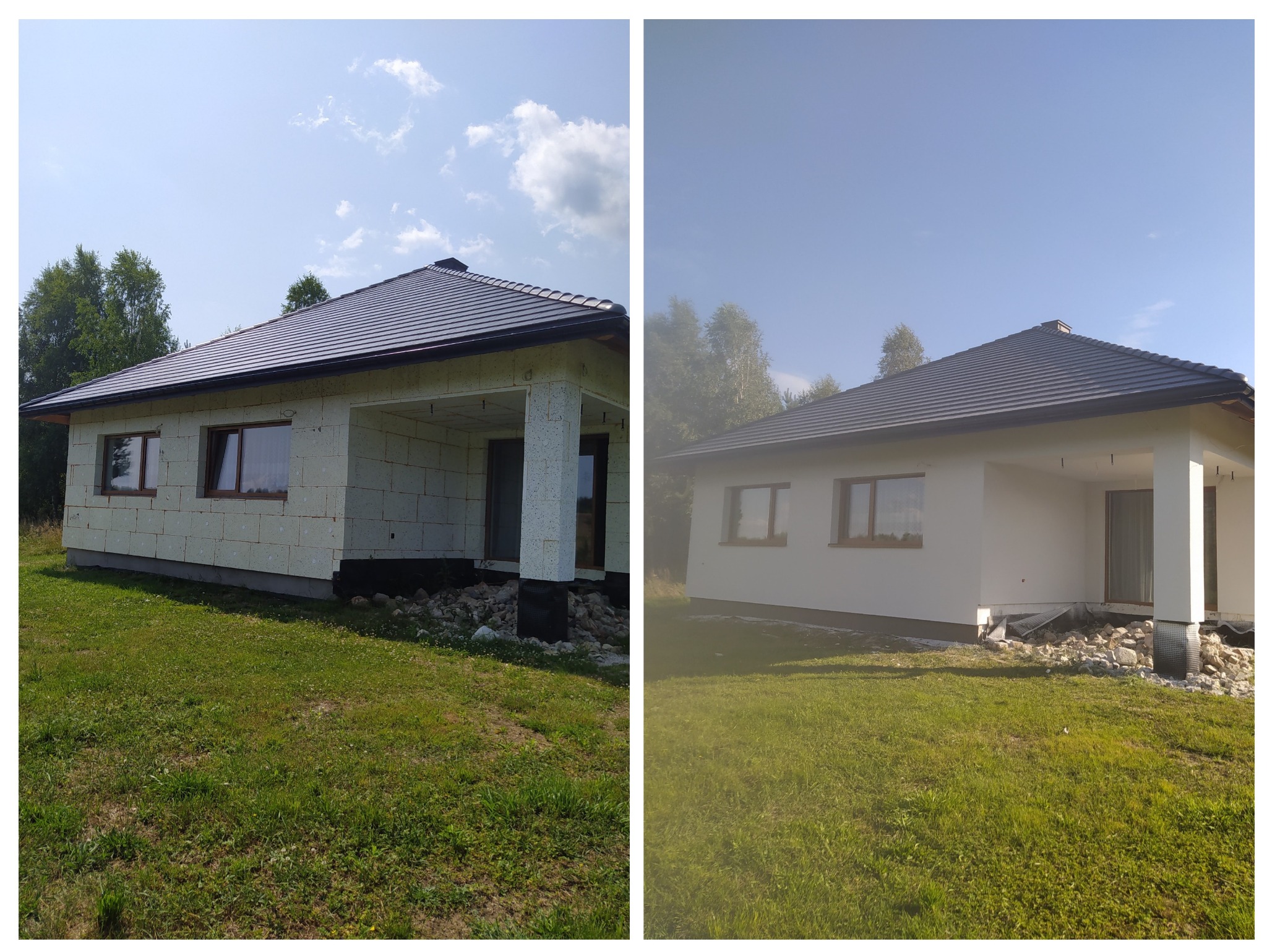 Dom jednorodzinny przed i po. Po lewej budynek w trakcie ocieplania, po prawej budynek po malowaniu elewacji na biało. Widoczne okna z brązowymi ramami i ciemny dach.