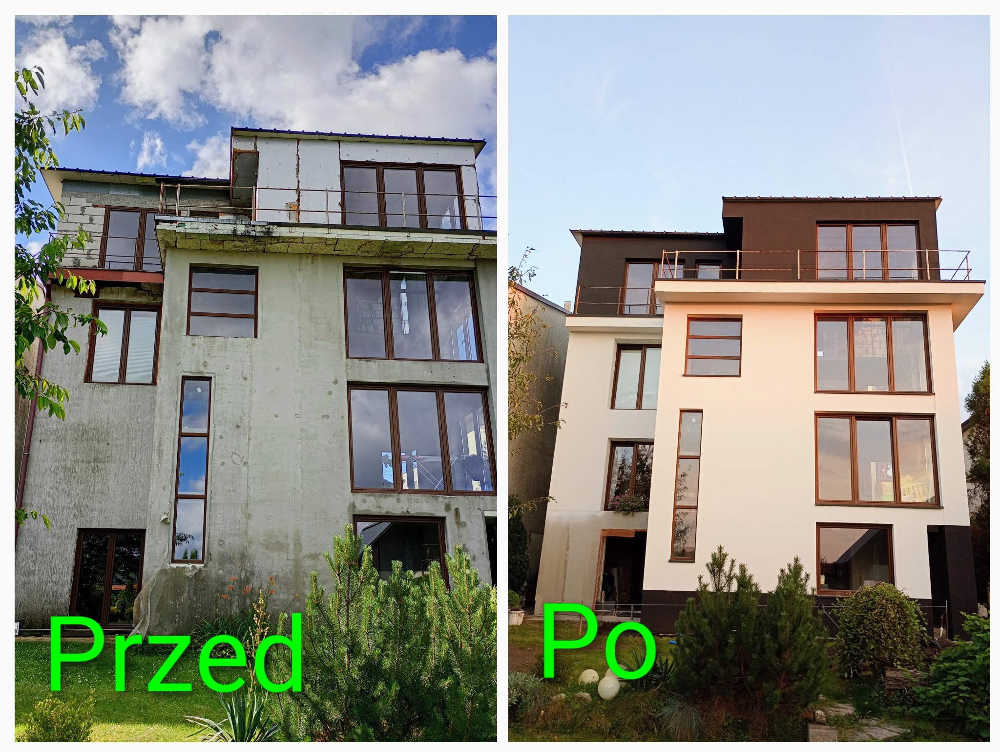 Dom przed i po renowacji elewacji. Po lewej budynek przed, z szarą, surową elewacją. Po prawej odnowiony, z białą elewacją i ciemnym dachem.