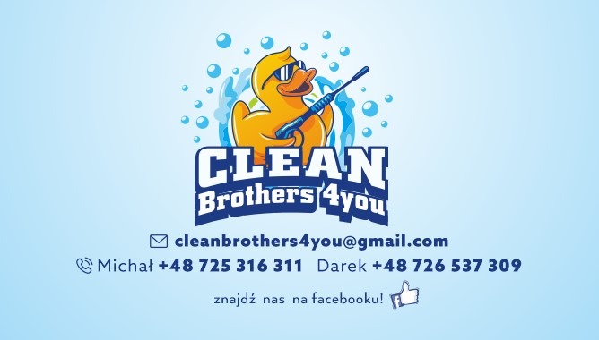 Ilustracja z logotypem firmy Clean Brothers 4You: żółta kaczka w okularach z lancą do mycia ciśnieniowego, kontakt mailowy i telefoniczny, odnośnik do Facebooka.