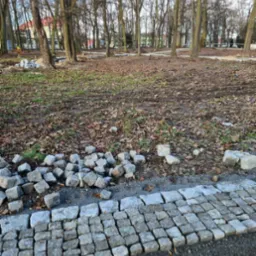 Fragment układania kostki granitowej w parku, z widocznymi ułożonymi rzędami kostki i stertą nieułożonych kostek obok, w tle drzewa i liście.