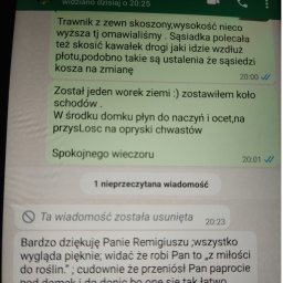 Pan Ogrodnik - Zrzut ekranu konwersacji tekstowej z podziękowaniami za prace ogrodnicze, wspomniane skoszony trawnik, worek ziemi, przeniesione paprocie i ustalenia z sąsiadami dotyczące koszenia trawy.