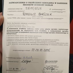 Pragniemy poinformować,że posiadamy uprawnienia chemizacyjne, pozwalające nam wykonać opryski środkami profesjonalnymi, niedostępnymi do użytku amatorskiego bez odpowiednich zezwoleń.