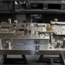 Precyzyjna forma wtryskowa z metalu, widoczne elementy składowe, cylindryczne prowadnice i mocowania, ustawiona na metalowym stole w warsztacie.