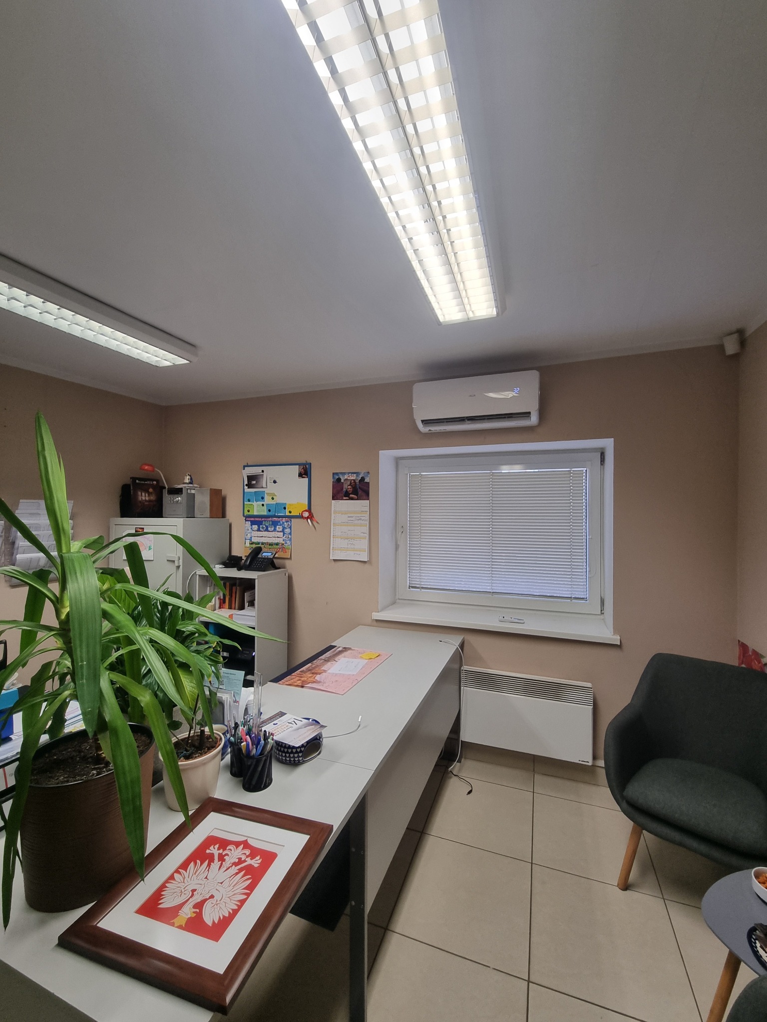 Wnętrze biura z klimatyzatorem nad oknem z żaluzjami, biurko z roślinami doniczkowymi i ramką z godłem Polski, szara szafka na dokumenty i szare krzesło.