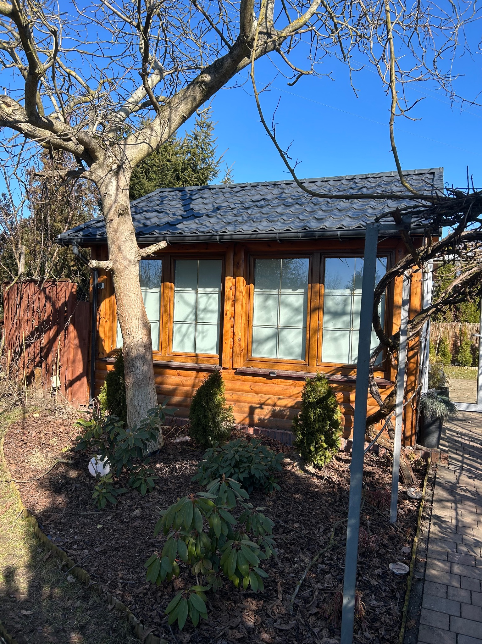 Drewniana altana z szarym dachem, widoczna z zewnątrz, otoczona zielenią i drzewem bez liści, w słoneczny dzień. Widoczne okna z białymi ramami.