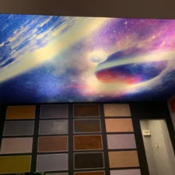 Sufit napinany z motywem kosmosu, z widoczną planetą i gwiazdami, w pomieszczeniu z ekspozycją próbek różnych kolorów i faktur na ścianie.