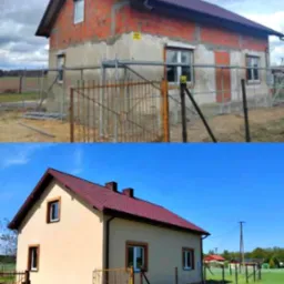 Porównanie stanu elewacji domu przed i po ociepleniu i nałożeniu tynku: surowa cegła i rusztowania kontra otynkowana, beżowa elewacja z brązowymi akcentami.