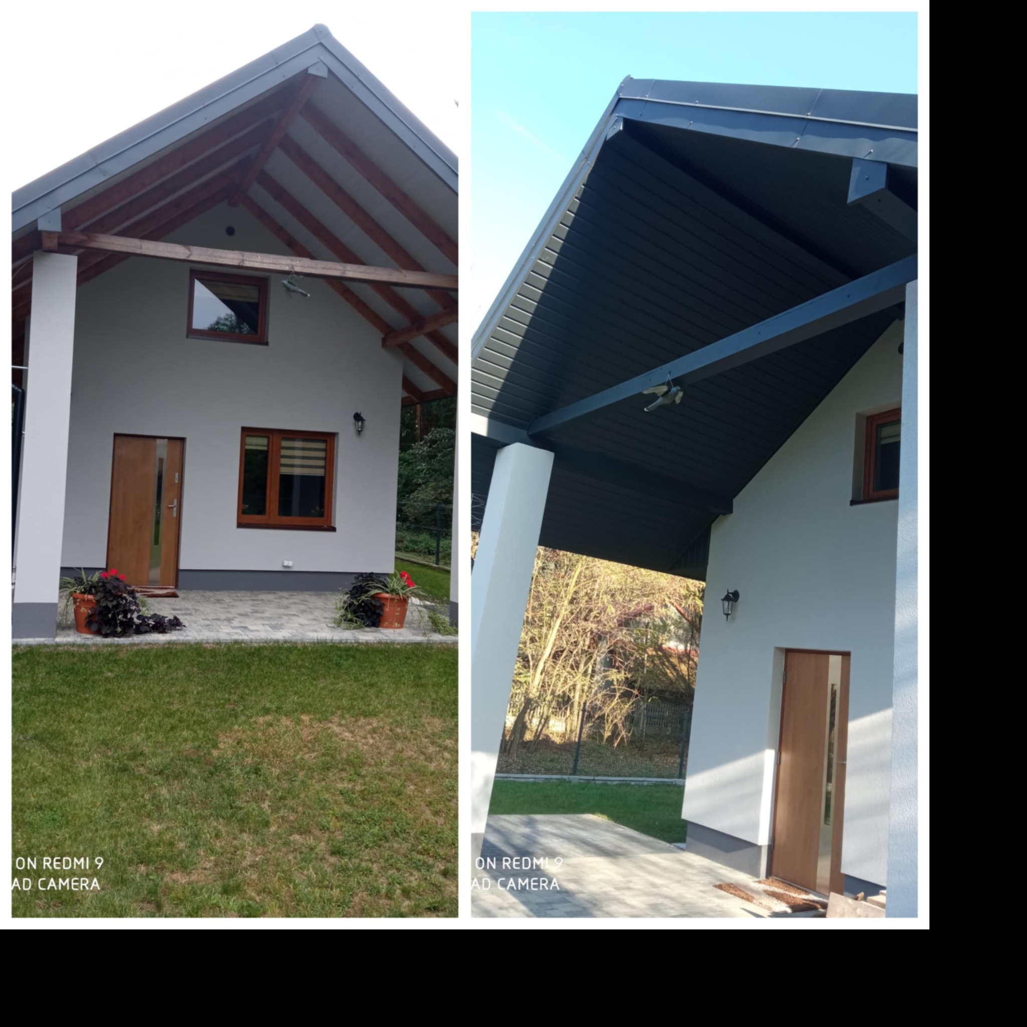 Dwukondygnacyjny dom z jasną elewacją, ciemnym dachem i drewnianymi elementami wykończeniowymi, z widocznym trawnikiem i kostką brukową przed wejściem.