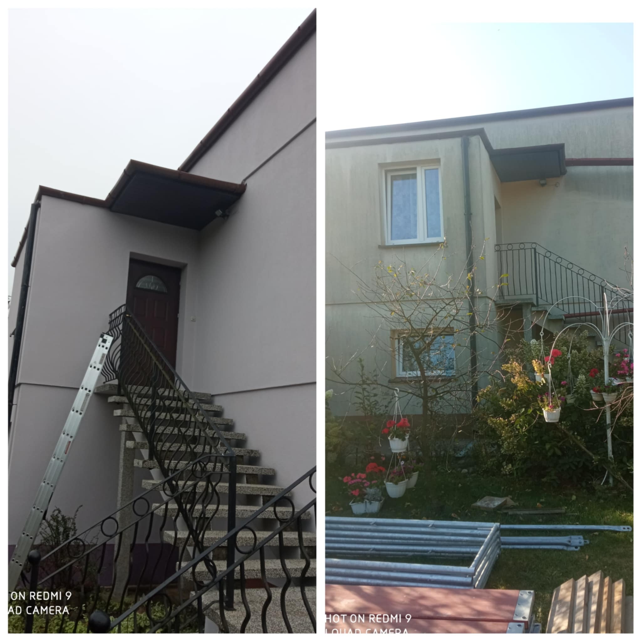 Dwuczęściowe zdjęcie przedstawia dom przed i po odświeżeniu elewacji, widoczne schody z metalową balustradą, drzwi wejściowe i drabina oparta o ścianę po lewej stronie oraz rusztowanie i wiszące...