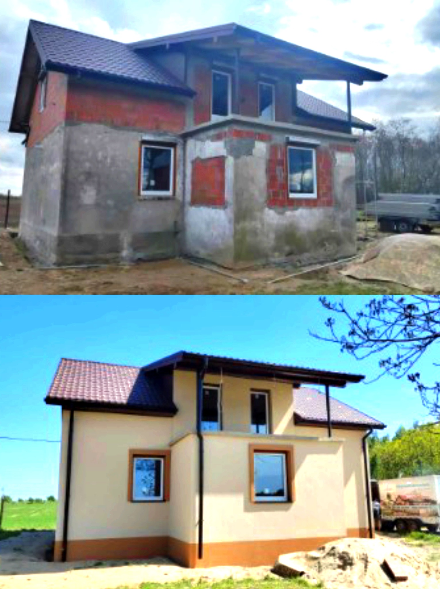 Porównanie stanu surowego i wykończonego domu z elewacją w kolorze beżowym z brązowymi akcentami, widoczne okna i dachówka.