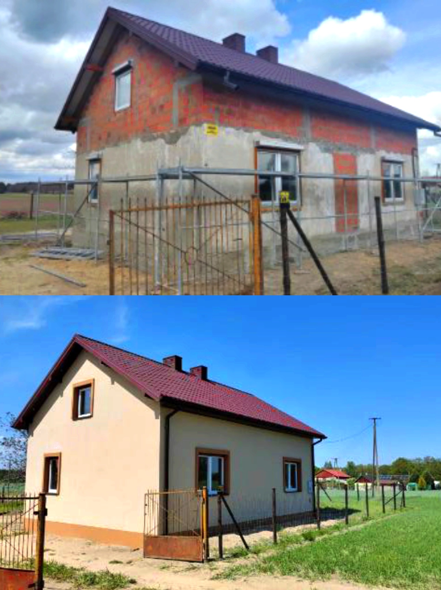 Porównanie stanu elewacji domu przed i po ociepleniu i nałożeniu tynku: surowa cegła i rusztowania kontra otynkowana, beżowa elewacja z brązowymi akcentami.