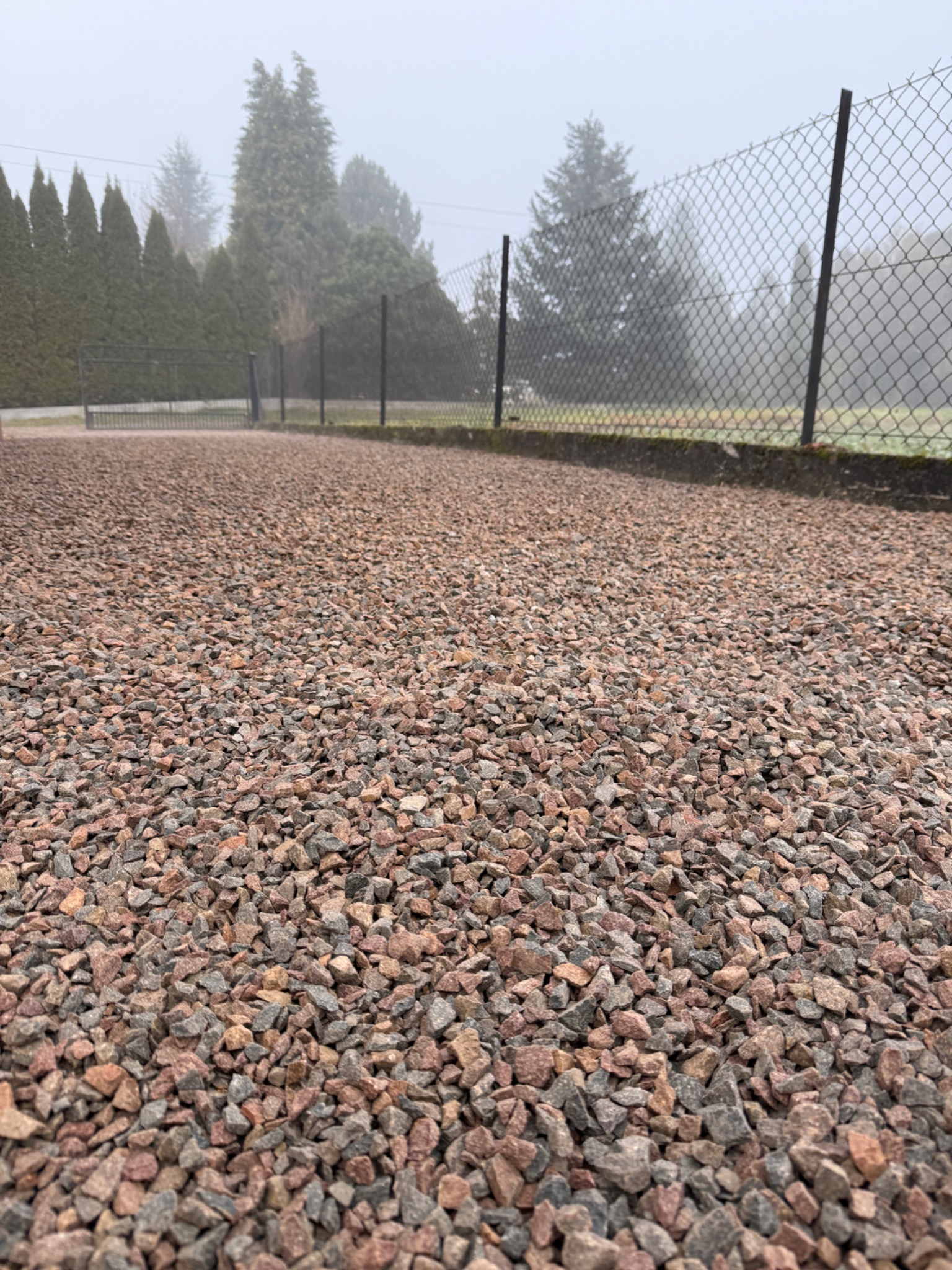 Ścieżka z czerwono-szarego żwiru, ogrodzona siatką, w tle zielone drzewa i mglista pogoda.