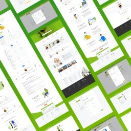 CREADIGO - Układ wielu ekranów strony internetowej o tematyce medycznej, z zielonymi akcentami i ilustracjami, prezentujący różne sekcje i funkcje witryny.