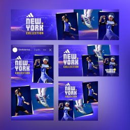 CREADIGO - Kompozycja graficzna prezentująca kolekcję odzieży i obuwia tenisowego New York Collection, z dynamicznymi ujęciami tenisistów w akcji i zbliżeniami na detale produktów na fioletowym tle z efektem...