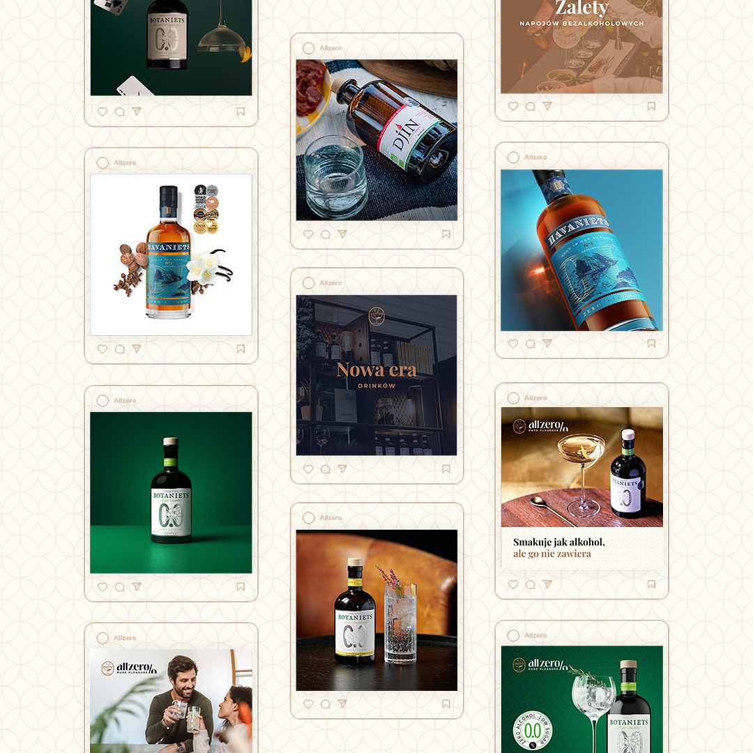 Kolekcja zdjęć produktowych napojów bezalkoholowych marki Allzero, prezentowanych w formie postów na Instagramie, ukazujących różne smaki i sposoby podania.